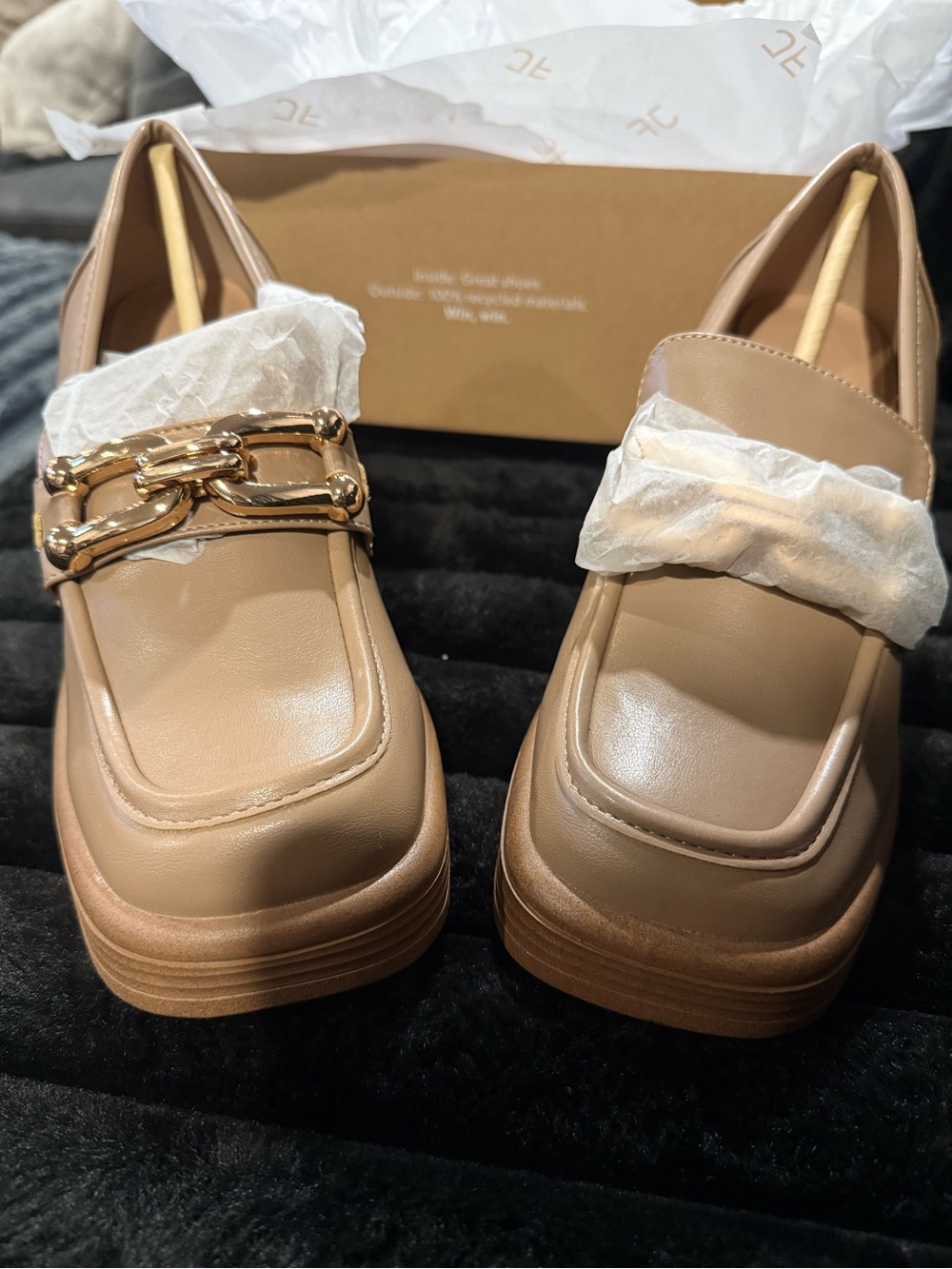 JustFab Taupe Platform Loafers with Gold Chain Accent